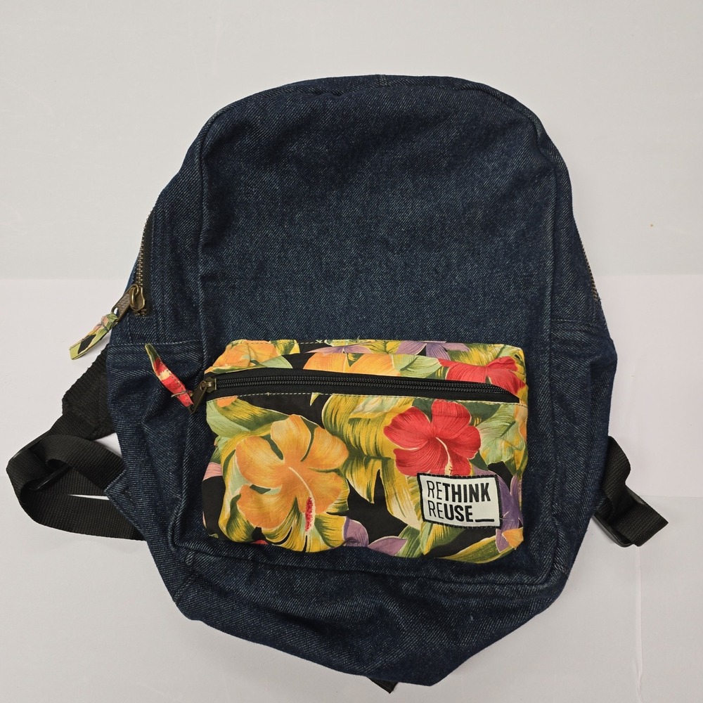 Rethink Reuse Denim Backpack Floral‎ Pocket Small Mini Travel School Bag